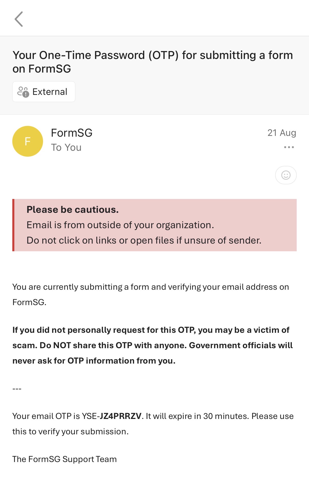 FormSG OTP verification screen